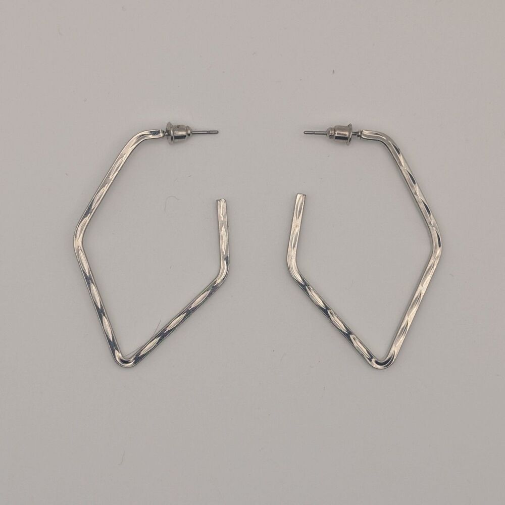 Silver Tone Geometric Hoop Earrings Angular Diamond Shape